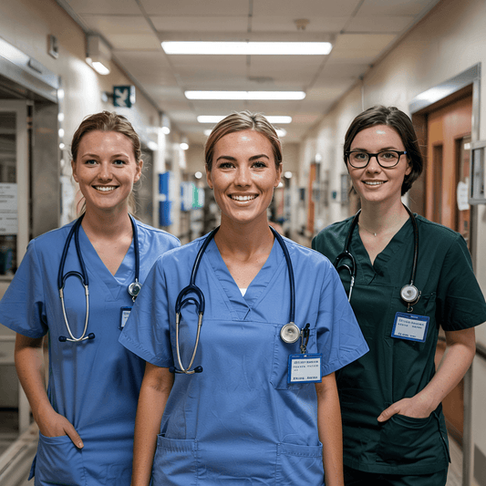 Alt tag: "Three smiling nurses standing in a hospital hallway, wearing scrubs and stethoscopes, ready for their shift."