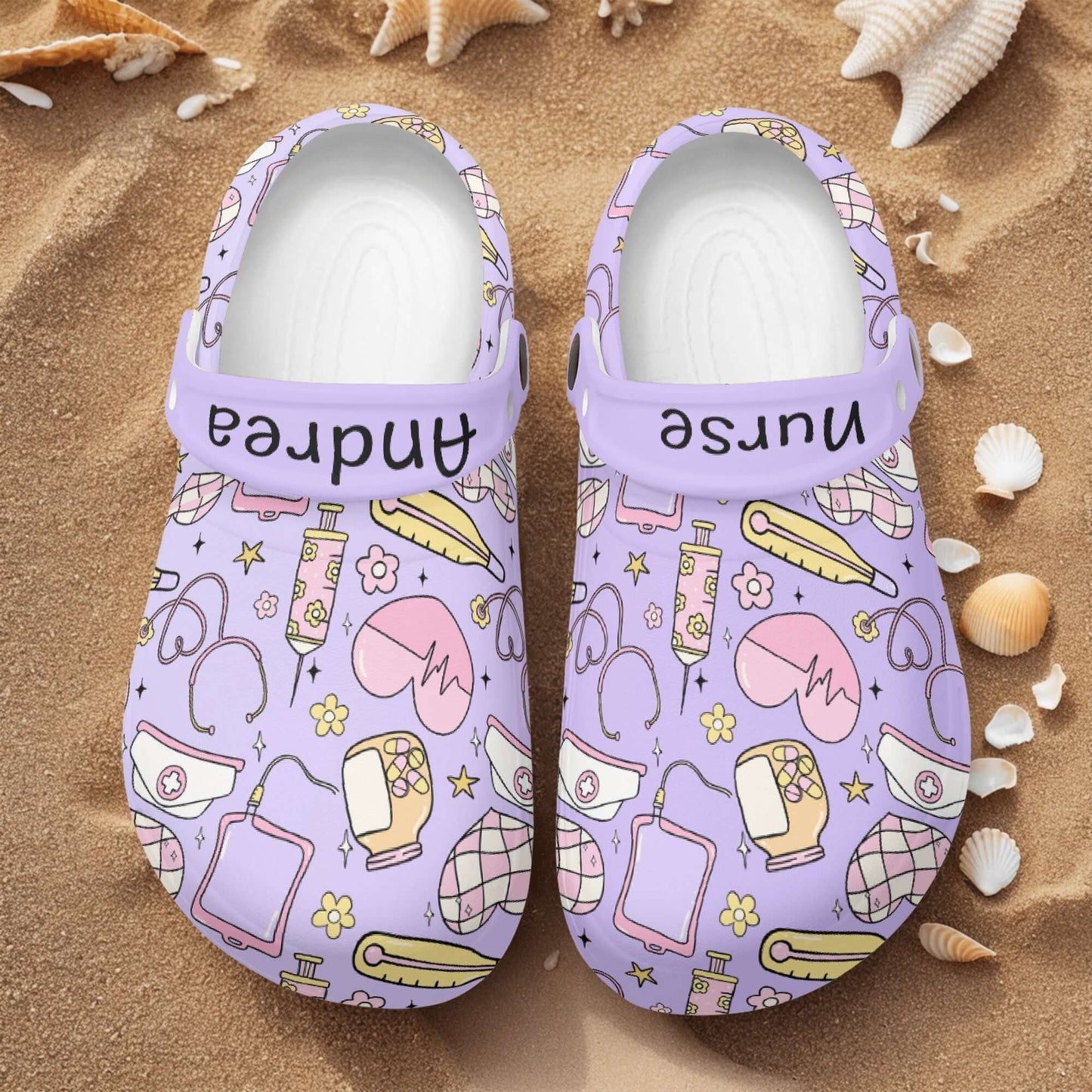 Womens Personalized Nurses Clogs in purple with medical-themed design, perfect for comfort at work and casual wear.