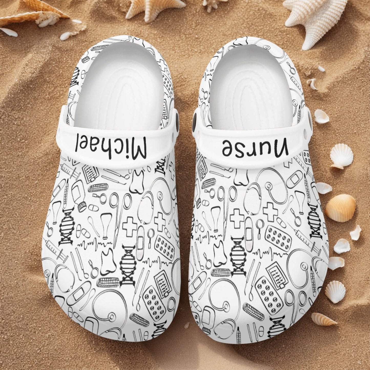Mens personalized nurses clogs with medical-themed design, perfect for comfort at work and stylish casual wear.