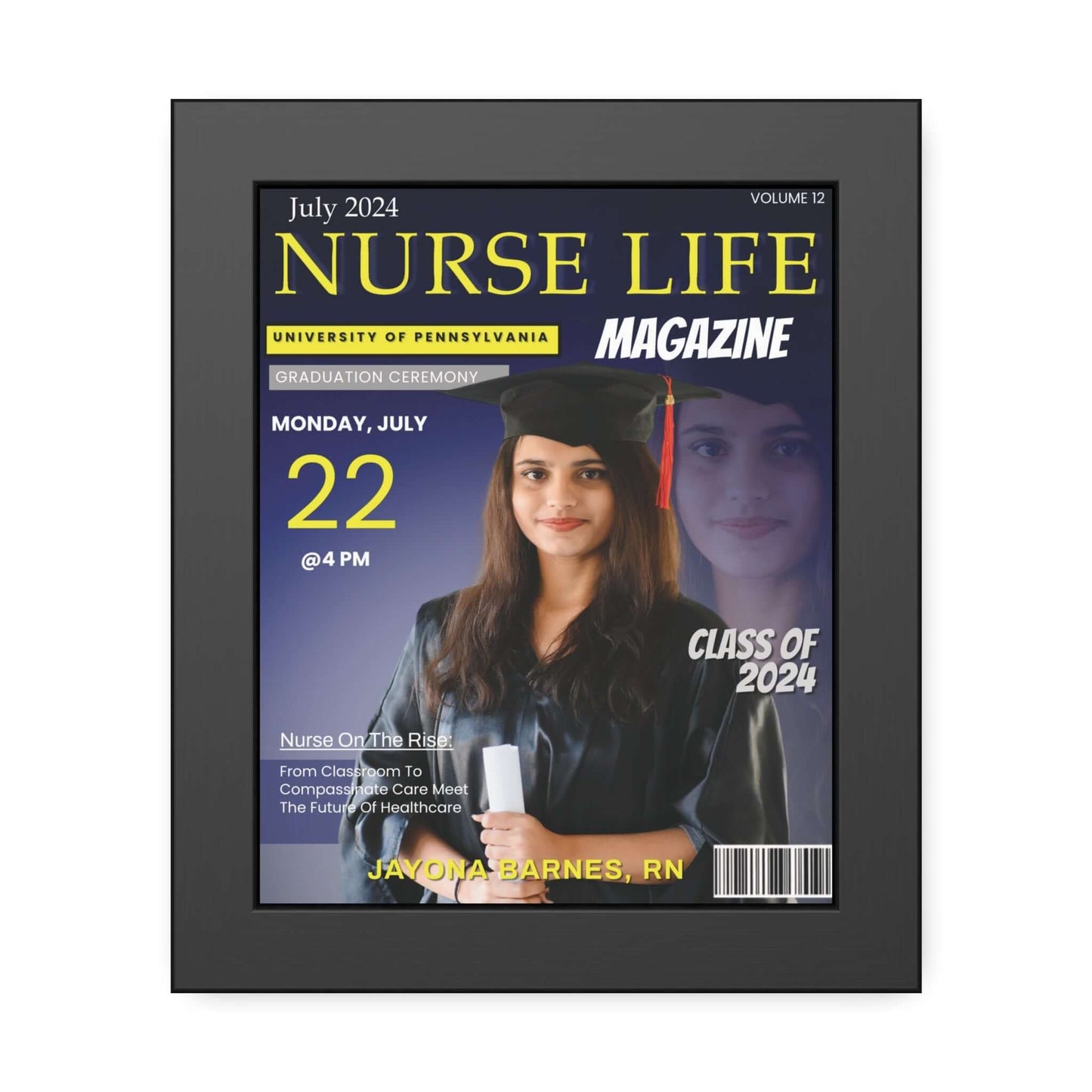 Personalized nurse magazine cover featuring Javona Barnes, RN, celebrating graduation. Perfect for showcasing nursing achievements.