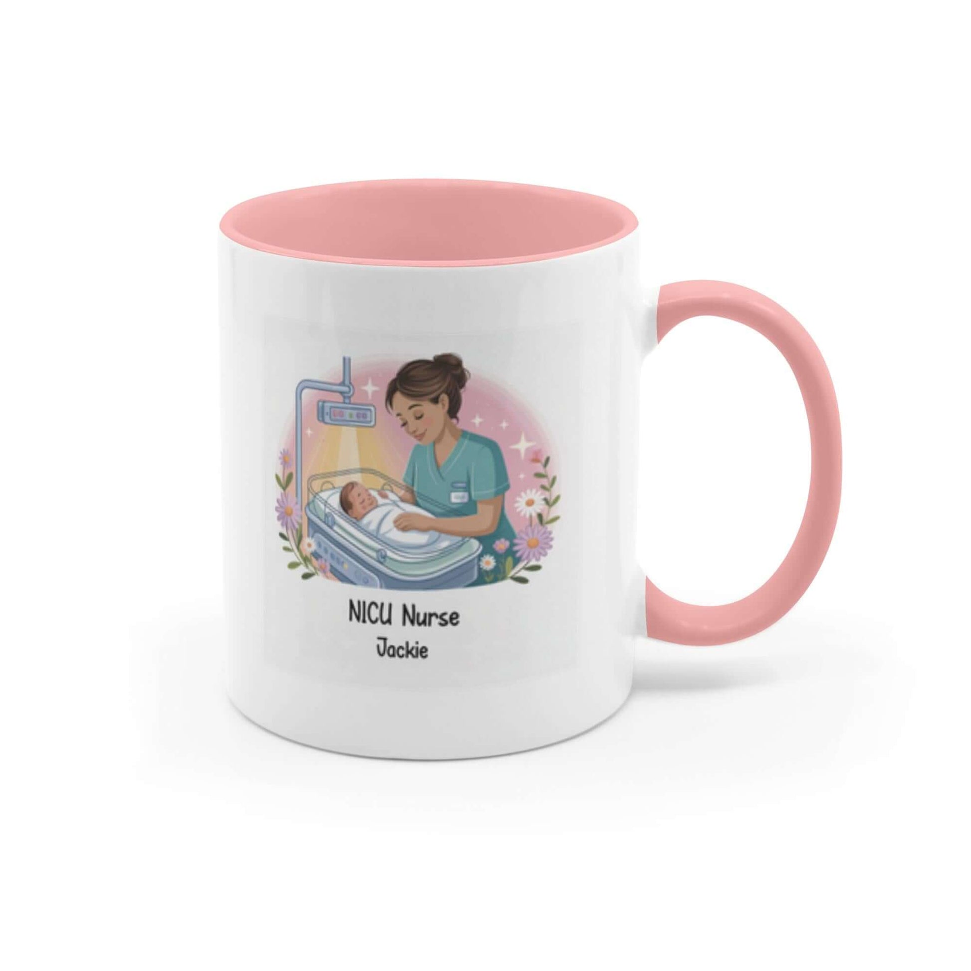 Personalized NICU nurse mug featuring a nurse caring for a newborn, customizable with a name, perfect gift for nurses.