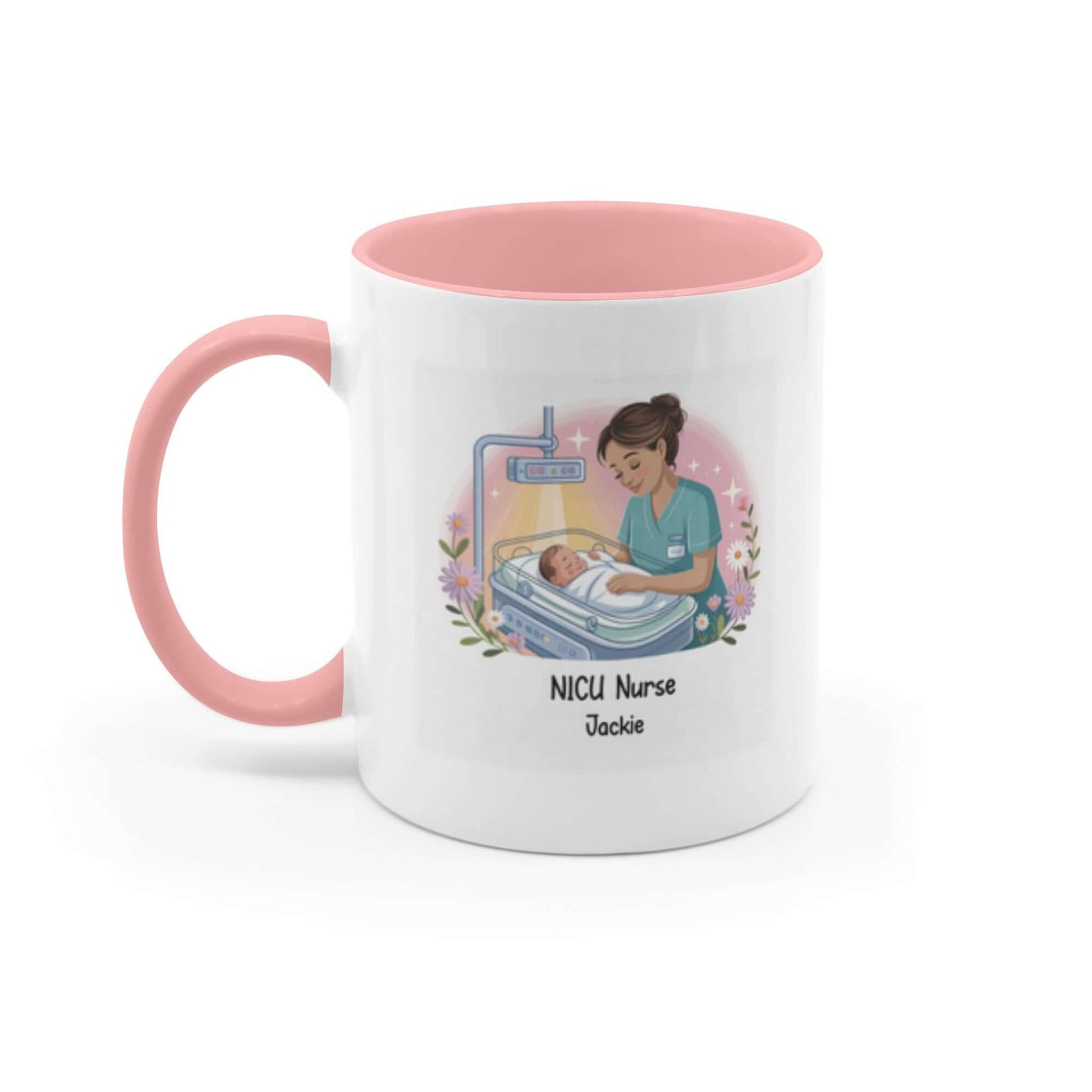 Personalized NICU nurse mug with nurse caring for newborn and custom name Jackie, perfect gift for neonatal nurses.