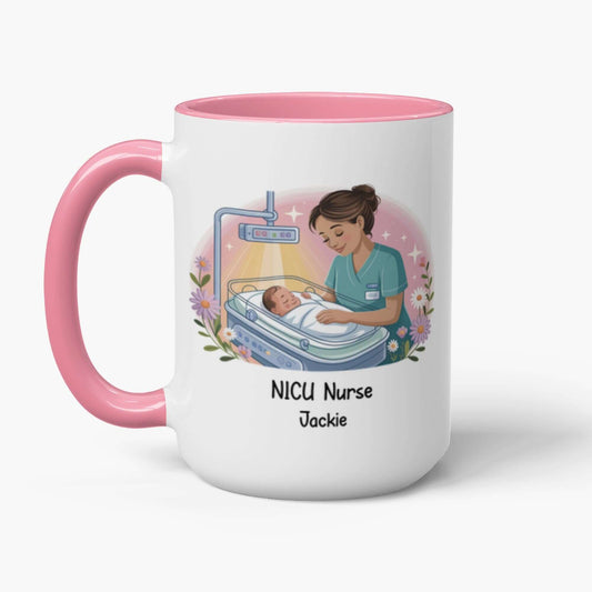 Personalized NICU nurse mug with nurse and newborn design, custom name Jackie, perfect gift for NICU nurse appreciation.