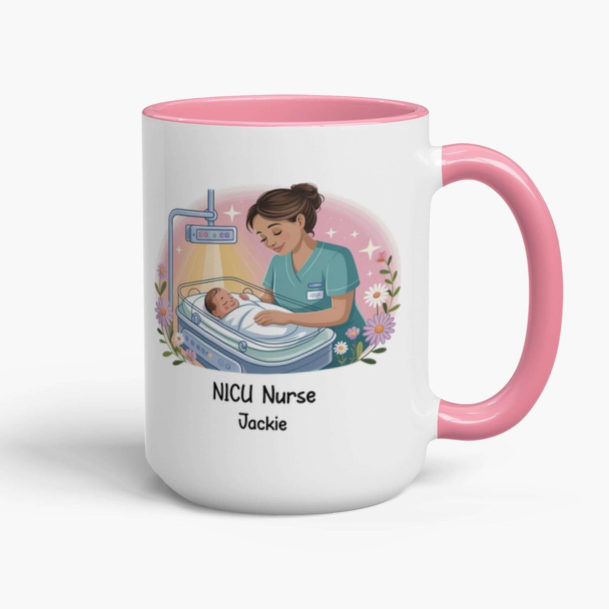 Personalized NICU nurse mug featuring a caring nurse and newborn with the name Jackie, perfect gift for nurse appreciation.