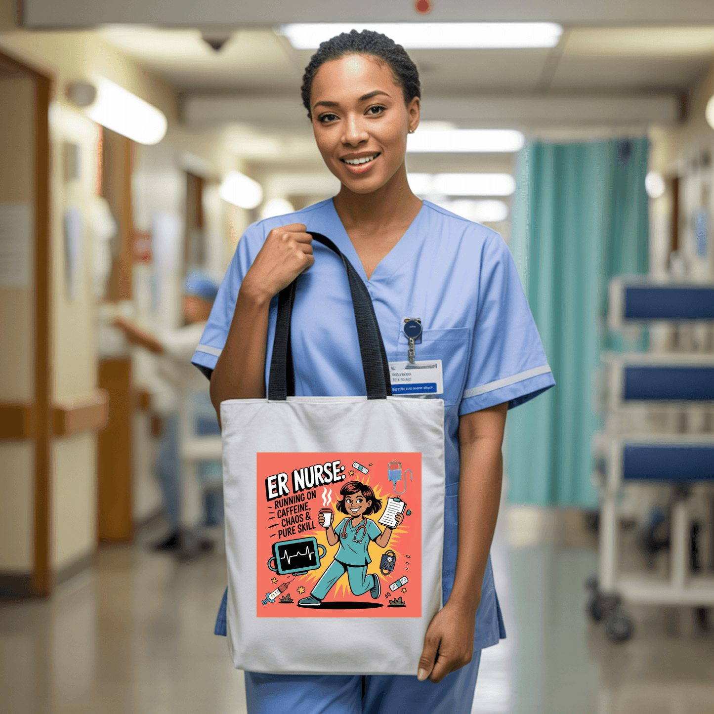 A nurse stands proudly with a tote bag that features a vibrant cartoon character, highlighting her personality.