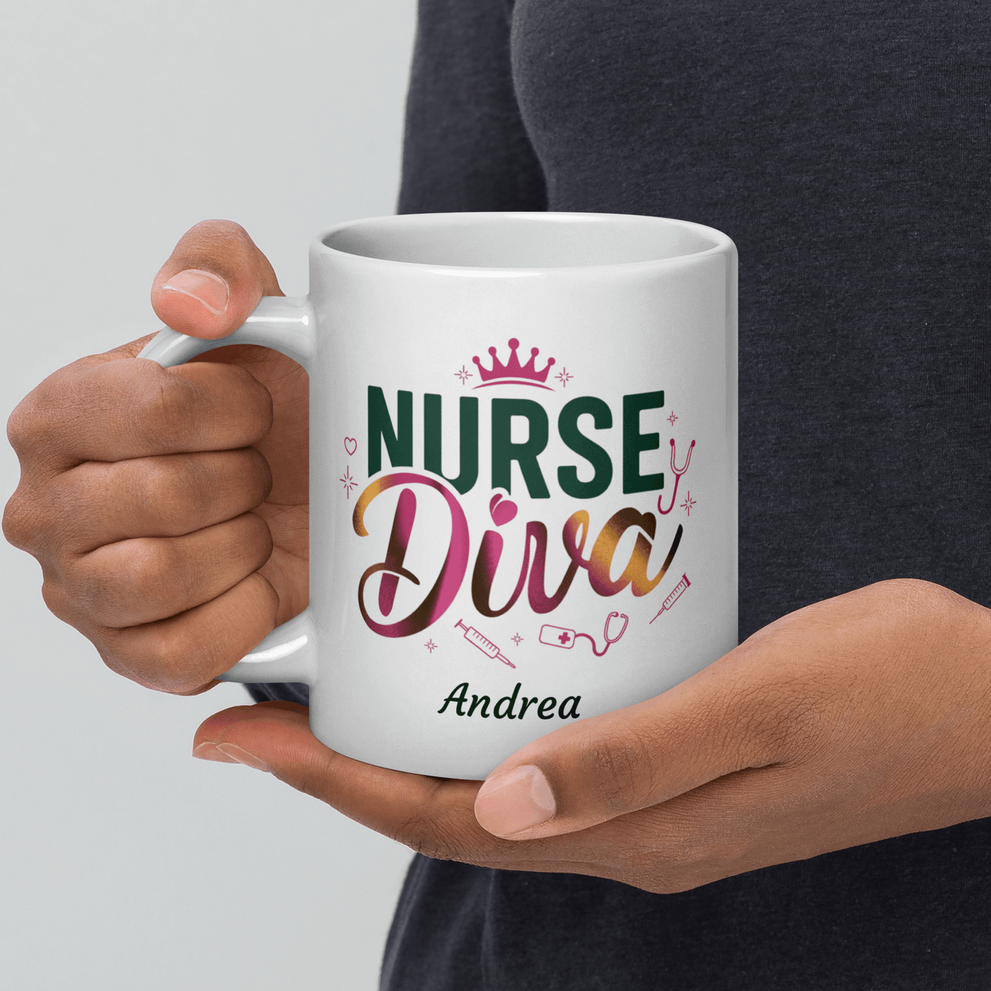 Personalized Nurse Diva Mug with the name 'Andrea', perfect for stylish nurses who love their coffee or tea.