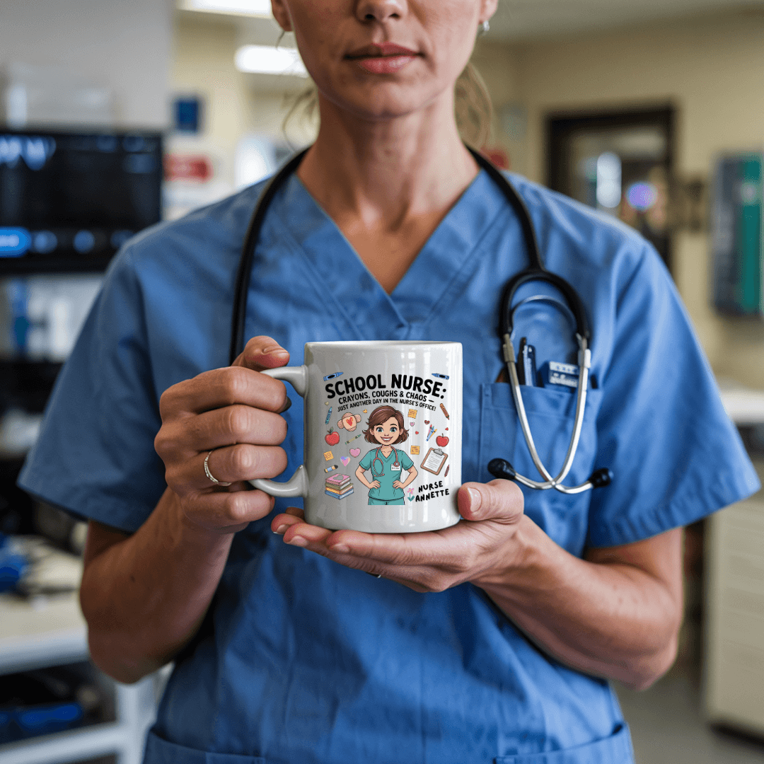 Fun School Nurse Mug – “Crayons, Coughs & Chaos” – Personalized Nurse Gift