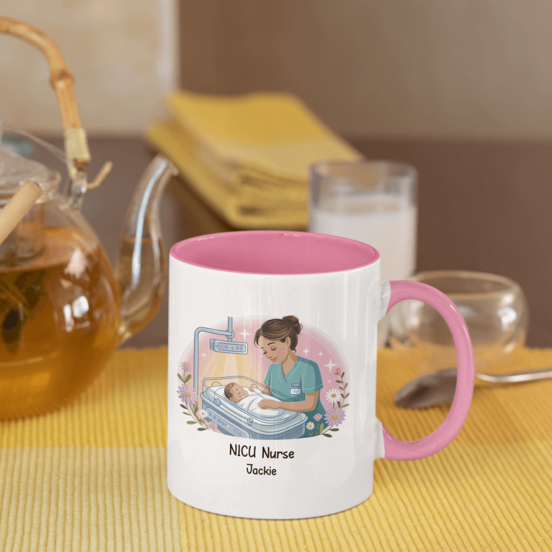 Personalized NICU nurse mug featuring a caring nurse and newborn, customized with the name Jackie.