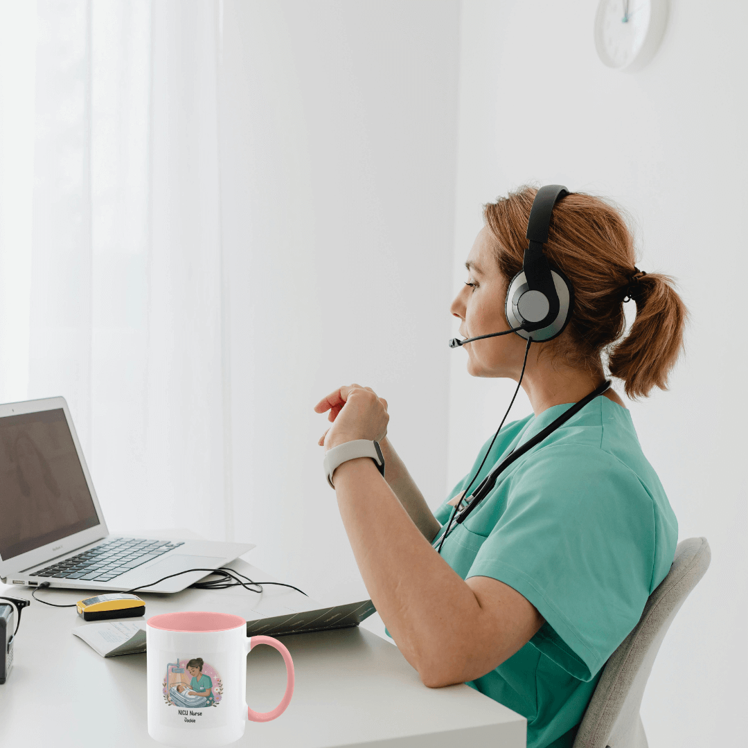Personalized NICU nurse mug on a desk with a nurse in scrubs working at a computer during a video call.