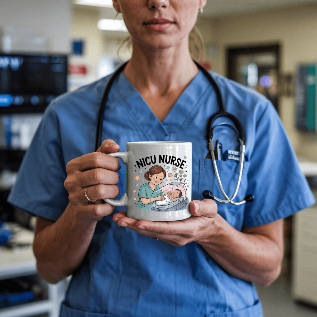NICU nurse in blue scrubs holding a white ceramic mug decorated with a cartoon illustration of a nurse caring for a newborn baby in an incubator, with the words 'NICU Nurse' and colorful stars around the design."