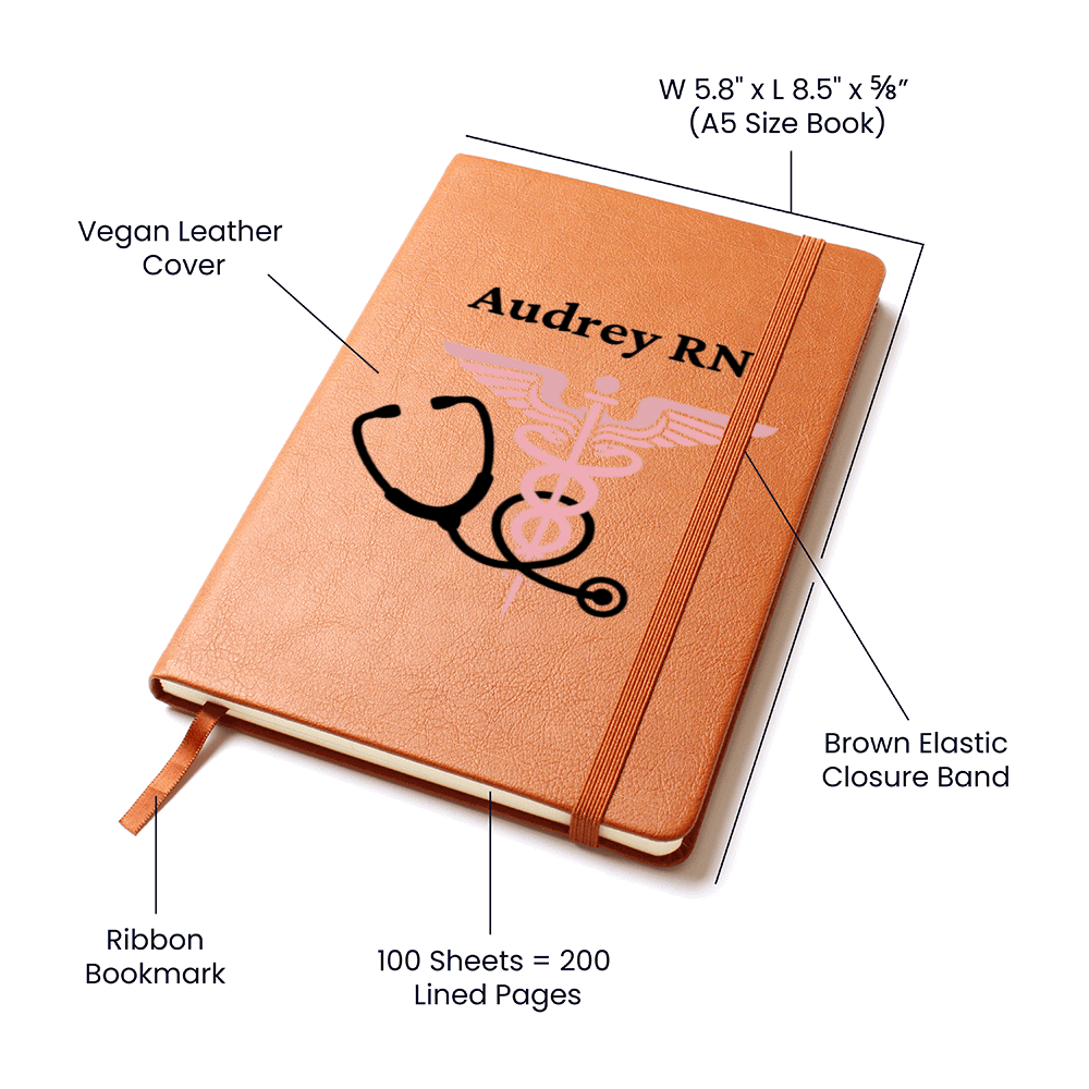Personalized vegan leather journal with the name 'Audrey RN' and a stethoscope design on the cover.