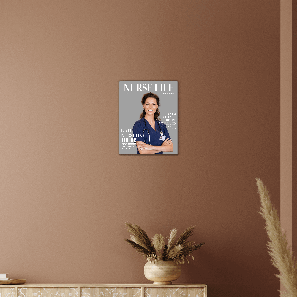 Personalized Nurse Life magazine wall art with nurse in scrubs, nursing graduation gift decor.