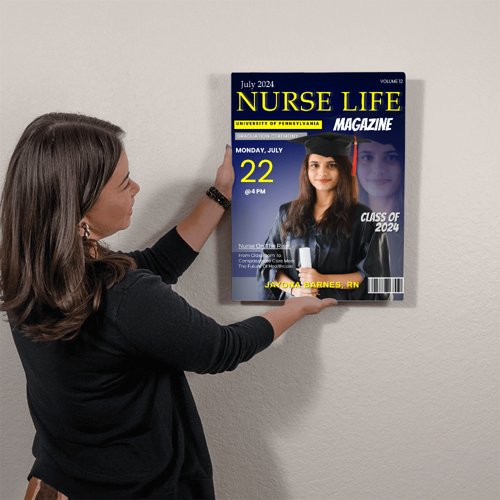 Custom graduation wall art – Nurse Life magazine cover with nursing grad, Class of 2024