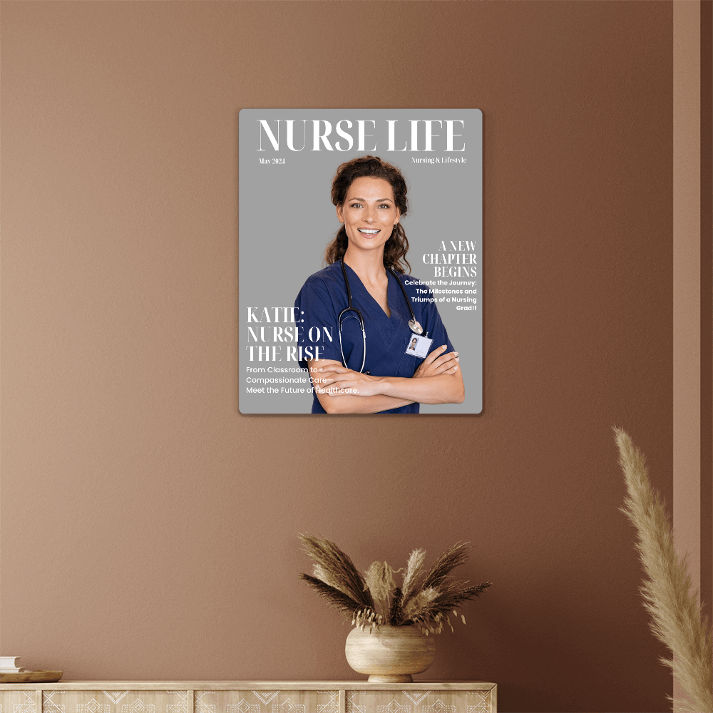 Personalized Nurse Life magazine wall art with nurse in scrubs, nursing graduation gift decor.