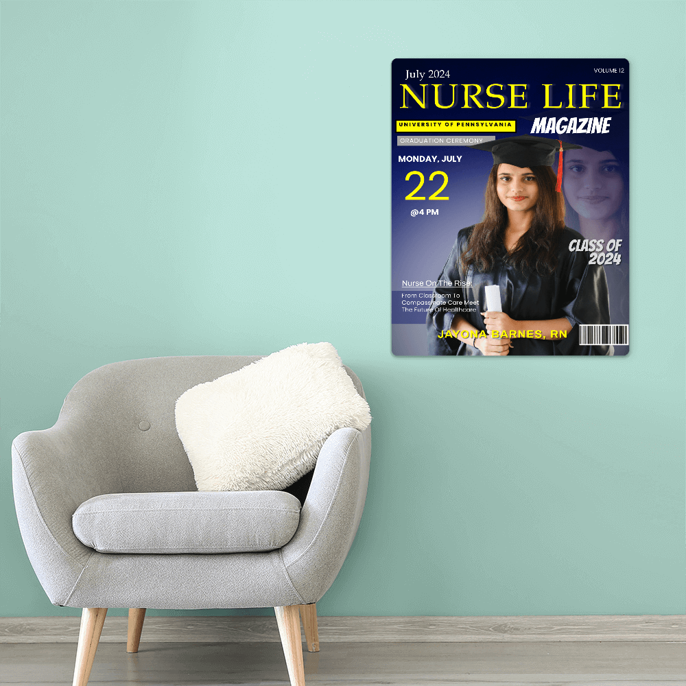 Graduation gift wall art – Nurse Life magazine cover with nursing grad in cap and gown.