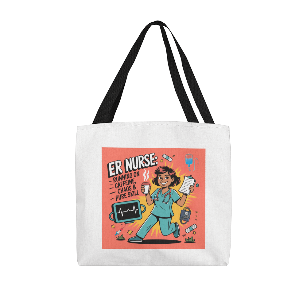 ER nurse energetically navigating a chaotic environment, fueled by caffeine and skillful expertise.