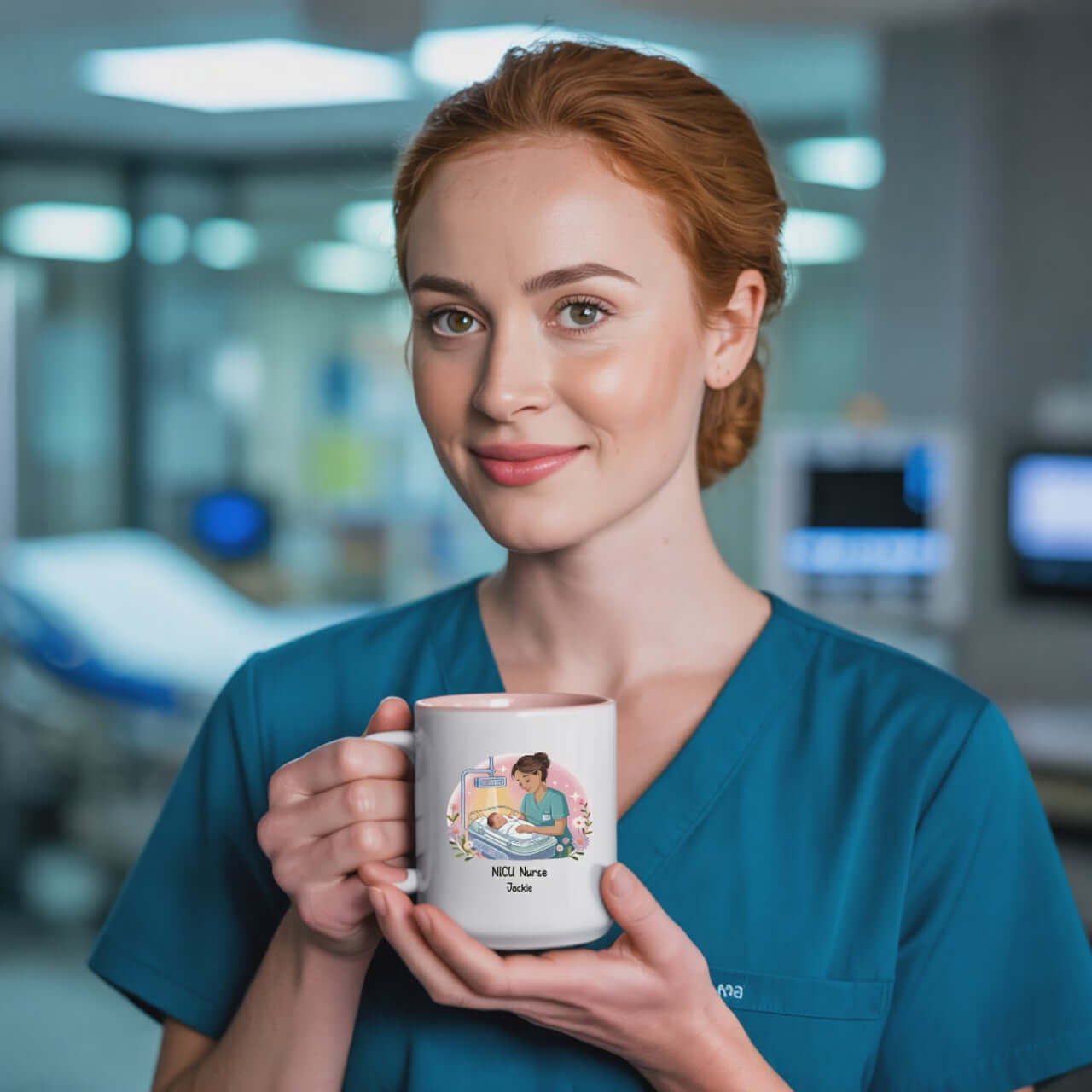 Smiling nurse in teal scrubs holding a personalized NICU Nurse coffee mug with illustrated design in a hospital setting.