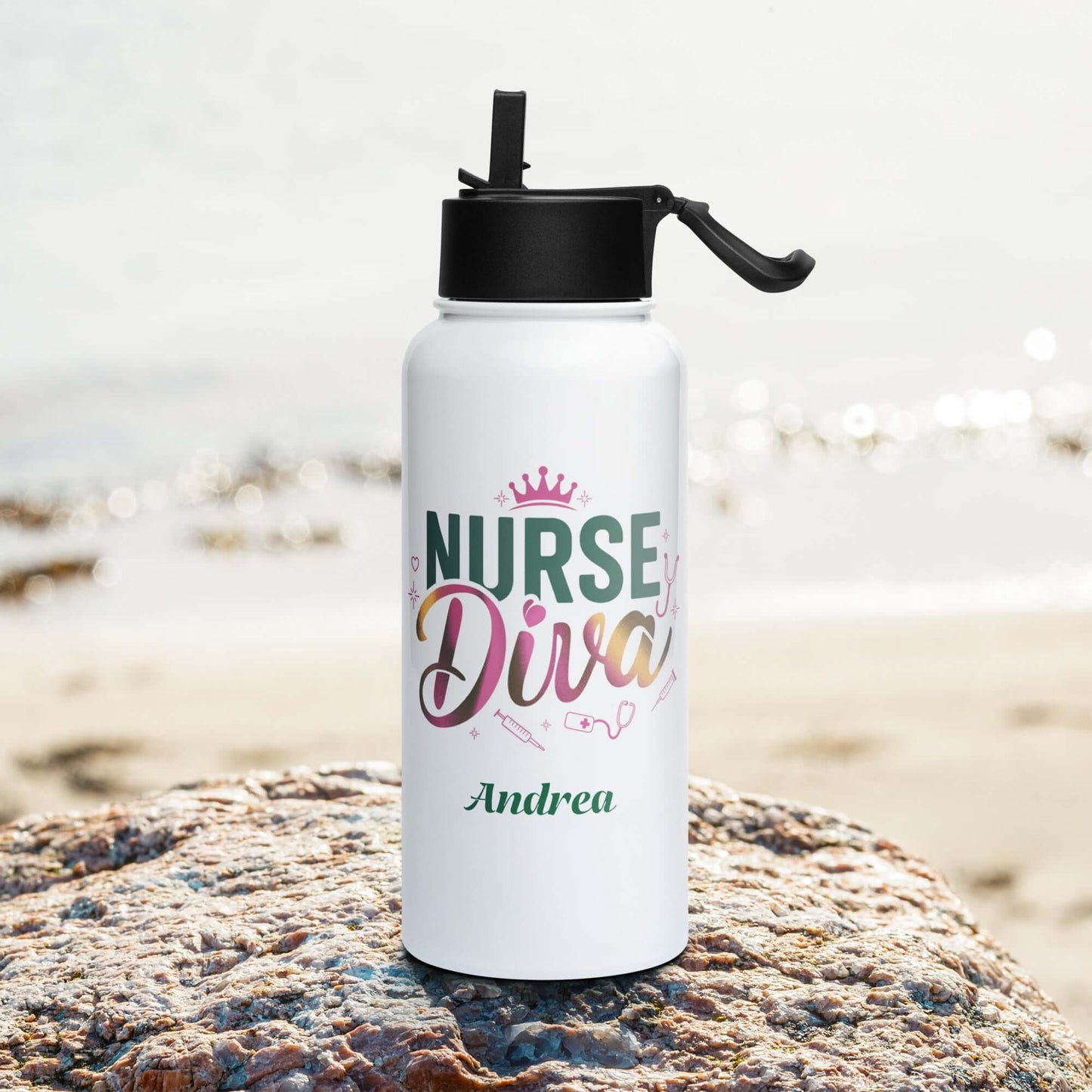 Personalized stainless steel water bottle for nurses, featuring 'Nurse Diva' design and straw lid, perfect for hydration on-the-go.