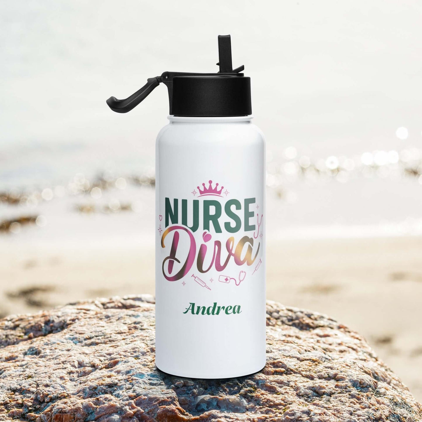 Personalized stainless steel water bottle for nurses with a straw lid, featuring the name 'Andrea' and the text 'Nurse Diva'.