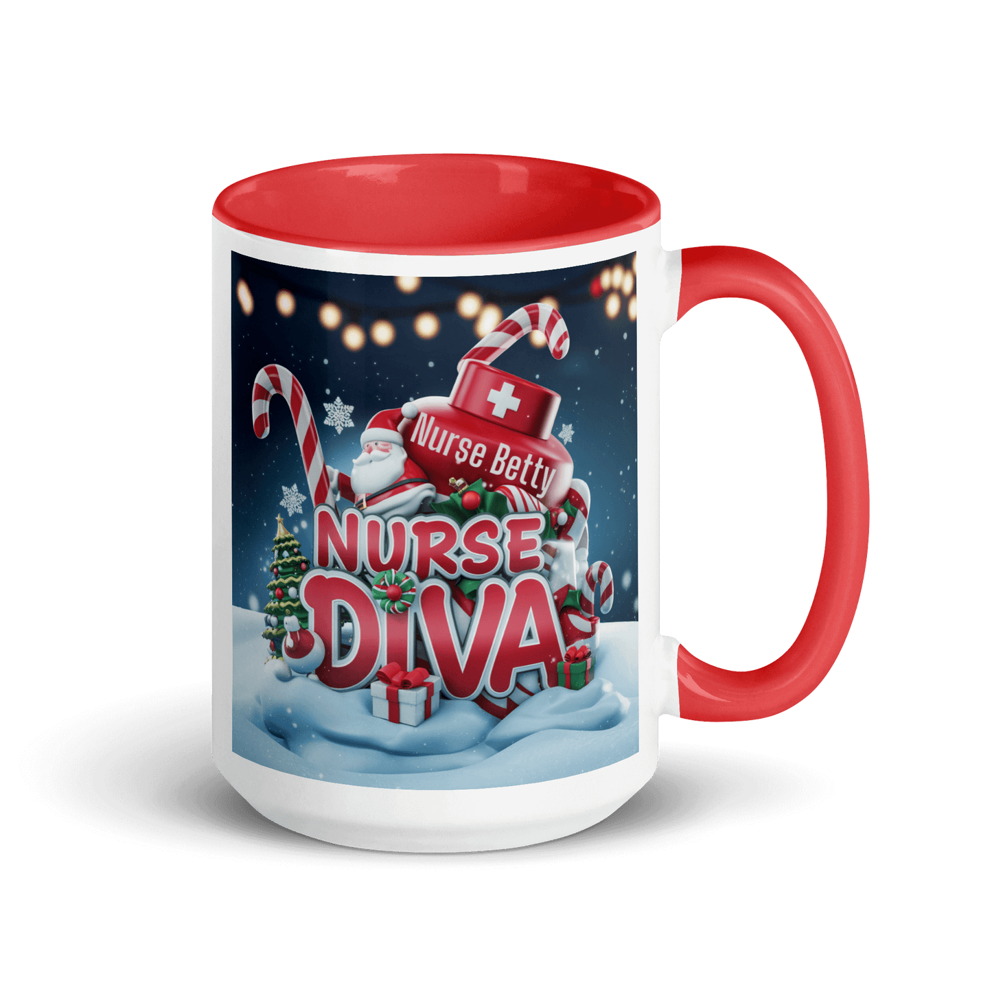 A vibrant "nurse diva" design mug, with a red handle and matching inside perfect for Christmas celebrations and personalized gifts for nurses.