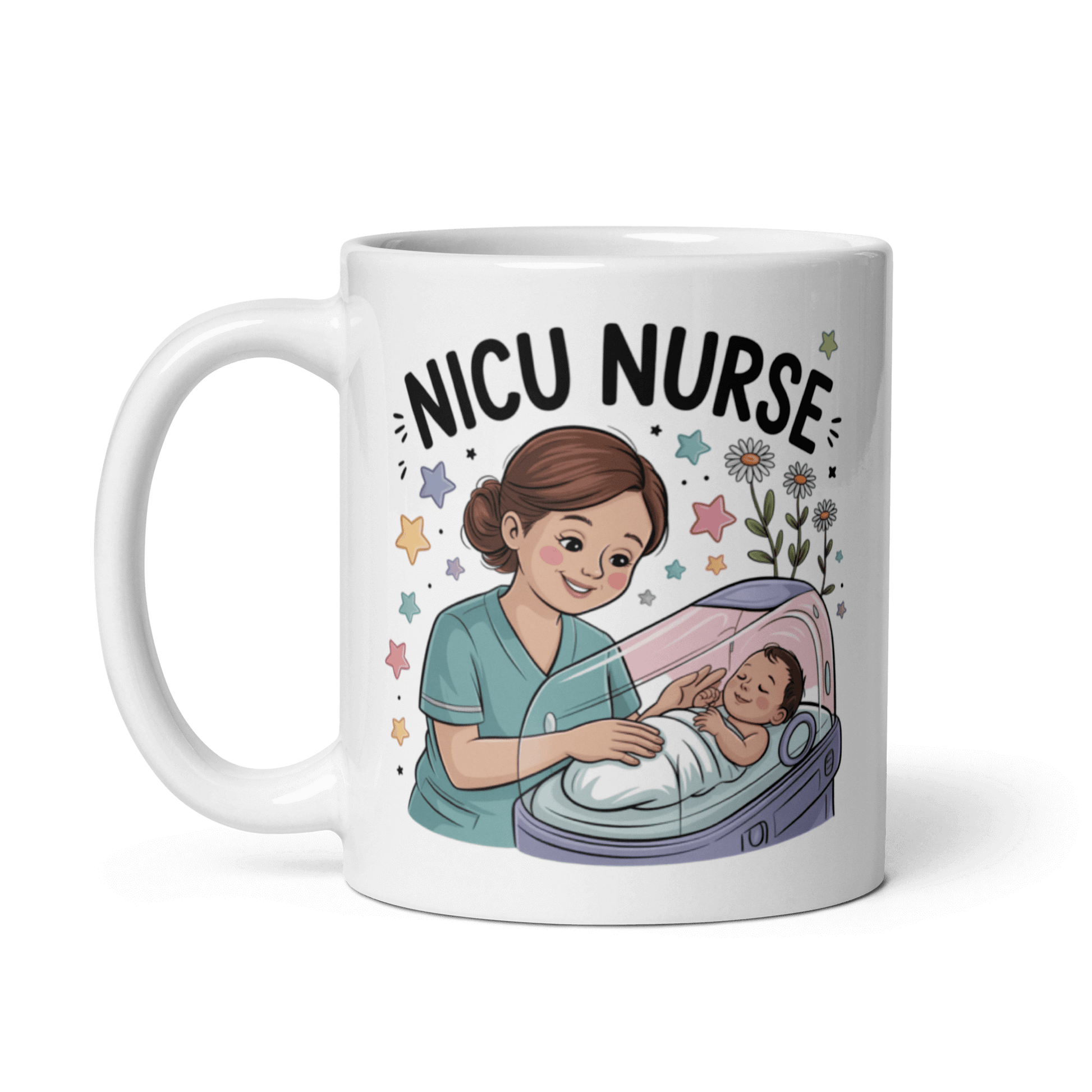 White ceramic mug featuring a cartoon illustration of a smiling nurse in teal scrubs caring for a newborn baby in an incubator, surrounded by colorful stars and flowers, with bold text that reads 'NICU Nurse' above the design."