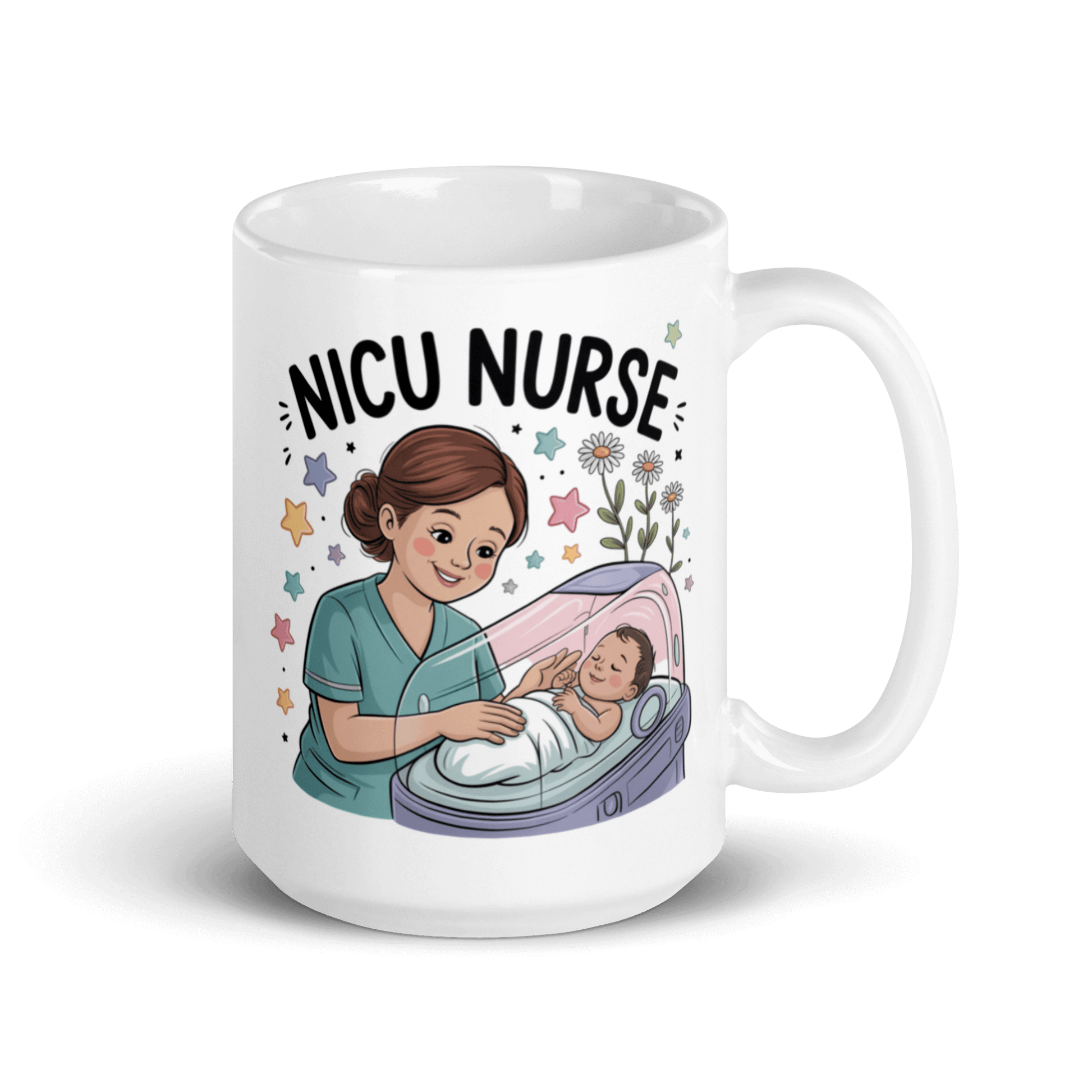 White ceramic mug featuring a cartoon illustration of a smiling nurse in teal scrubs caring for a newborn baby in an incubator, surrounded by colorful stars and flowers, with bold text that reads 'NICU Nurse' above the design."