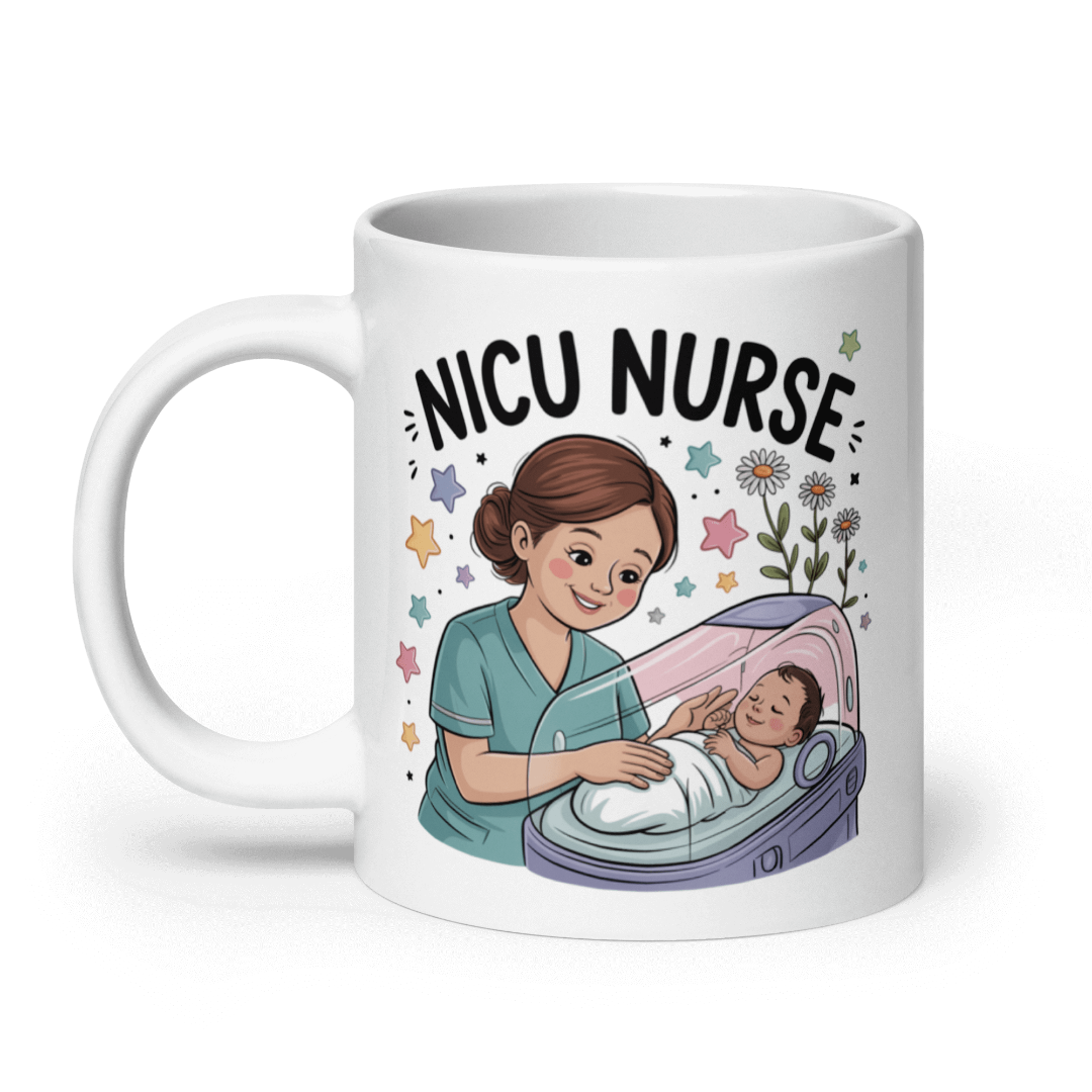 White ceramic mug featuring a cartoon illustration of a smiling nurse in teal scrubs caring for a newborn baby in an incubator, surrounded by colorful stars and flowers, with bold text that reads 'NICU Nurse' above the design."