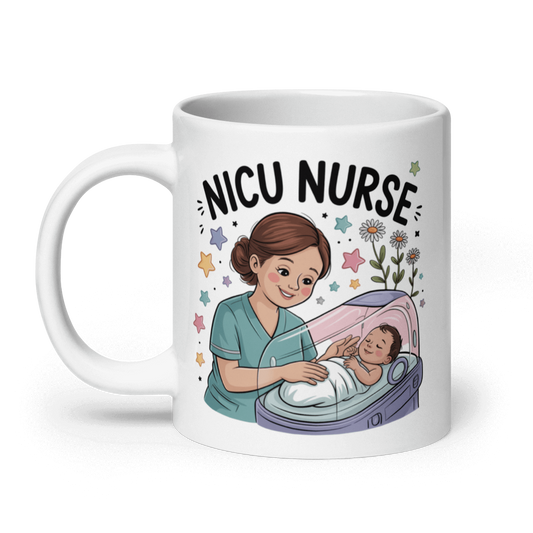 White ceramic mug featuring a cartoon illustration of a smiling nurse in teal scrubs caring for a newborn baby in an incubator, surrounded by colorful stars and flowers, with bold text that reads 'NICU Nurse' above the design."
