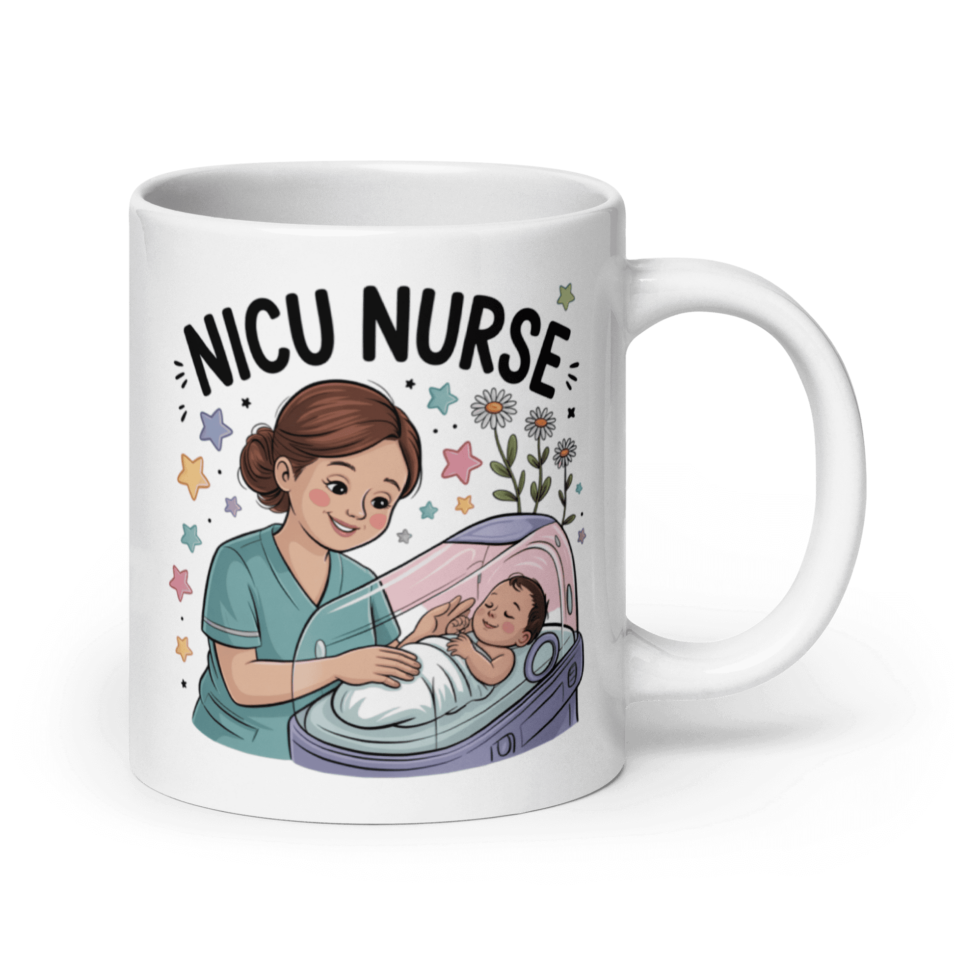 White ceramic mug featuring a cartoon illustration of a smiling nurse in teal scrubs caring for a newborn baby in an incubator, surrounded by colorful stars and flowers, with bold text that reads 'NICU Nurse' above the design."