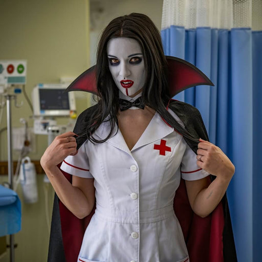 A person dressed in a nurse uniform and vampire costume, with white face paint and red lipstick, stands in a hospital setting near medical equipment and blue curtains.