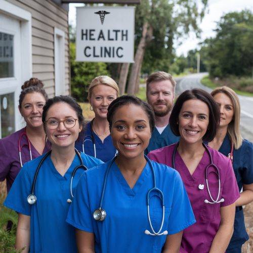 A group of nurses in scrubs and stethoscopes stands proudly in front of a Rural Health Clinic, surrounded by trees.