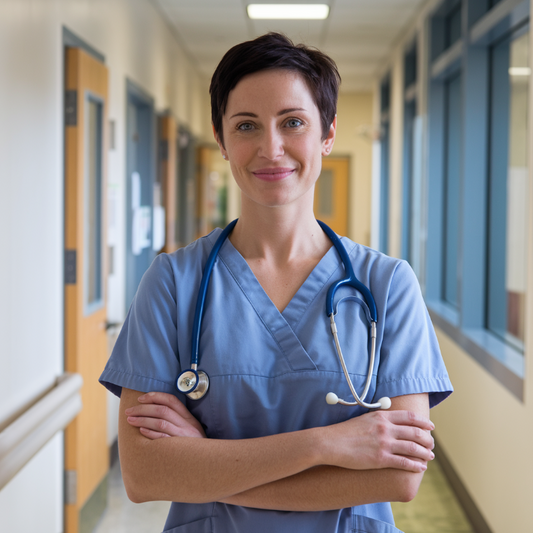 A nurse in scrubs, representing commitment and care in her medical role.