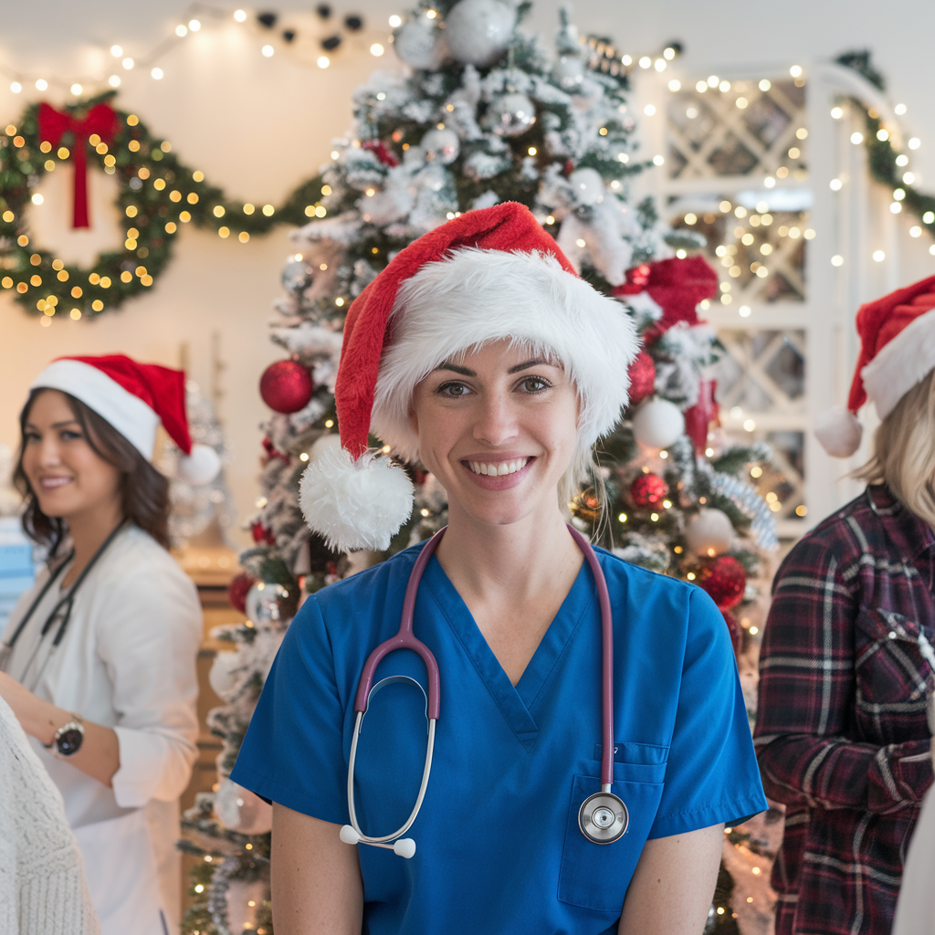 Nurse in scrubs holding a festive mug that says "Nurse Diva" in front of a decorated Christmas tree.