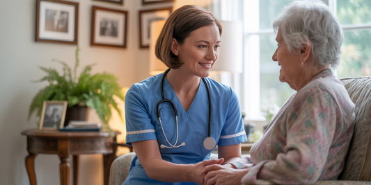 Home care nurse holding patient’s hand at home — honoring National Home Care & Hospice Month