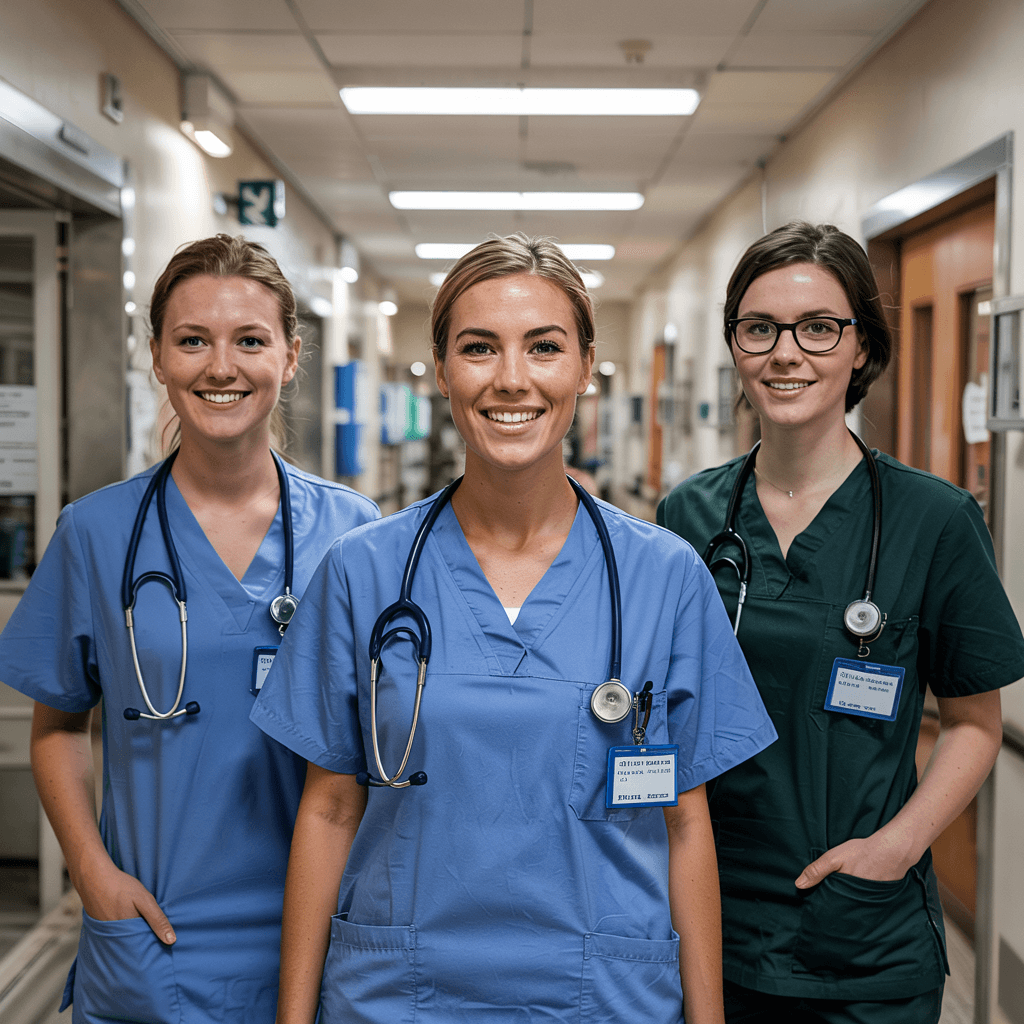 Three smiling nurses standing in a hospital hallway, two in blue scrubs and one in green, each wearing stethoscopes and ID badges.