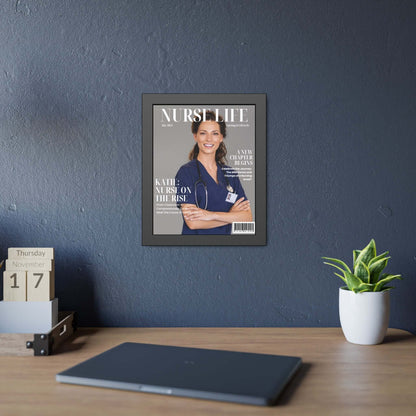 A custom-framed Personalized Nurse Magazine Cover – Registered Nurse Graduation Gifts hangs on a dark gray wall above a wooden desk. The cover features a nurse in blue scrubs smiling. On the desk are a plant, a calendar displaying "Thursday 17 November," and a closed laptop—truly a unique and thoughtful gift.