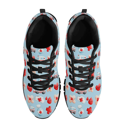 A pair of Ambulance Sneakers: Fun shoes for nurses, showcasing a light blue background adorned with an array of medical-themed patterns such as ambulances, red crosses, hearts, and various medical icons. These breathable mesh sneakers feature black laces and accents, complemented by a white sole with red detailing.