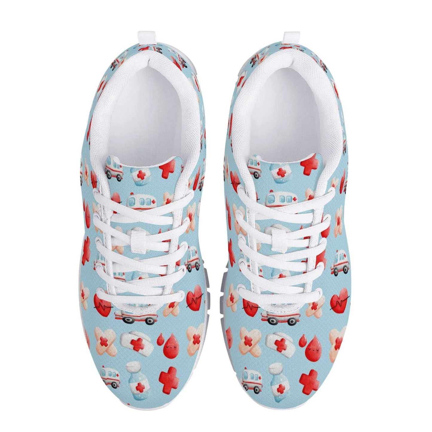 The Ambulance Sneakers are breathable mesh shoes with a light blue background that features a playful medical-themed pattern. The design showcases red crosses, ambulances, hearts, bandages, and various medical symbols in vibrant colors. These comfortable nurse's shoes come with white laces and soles.