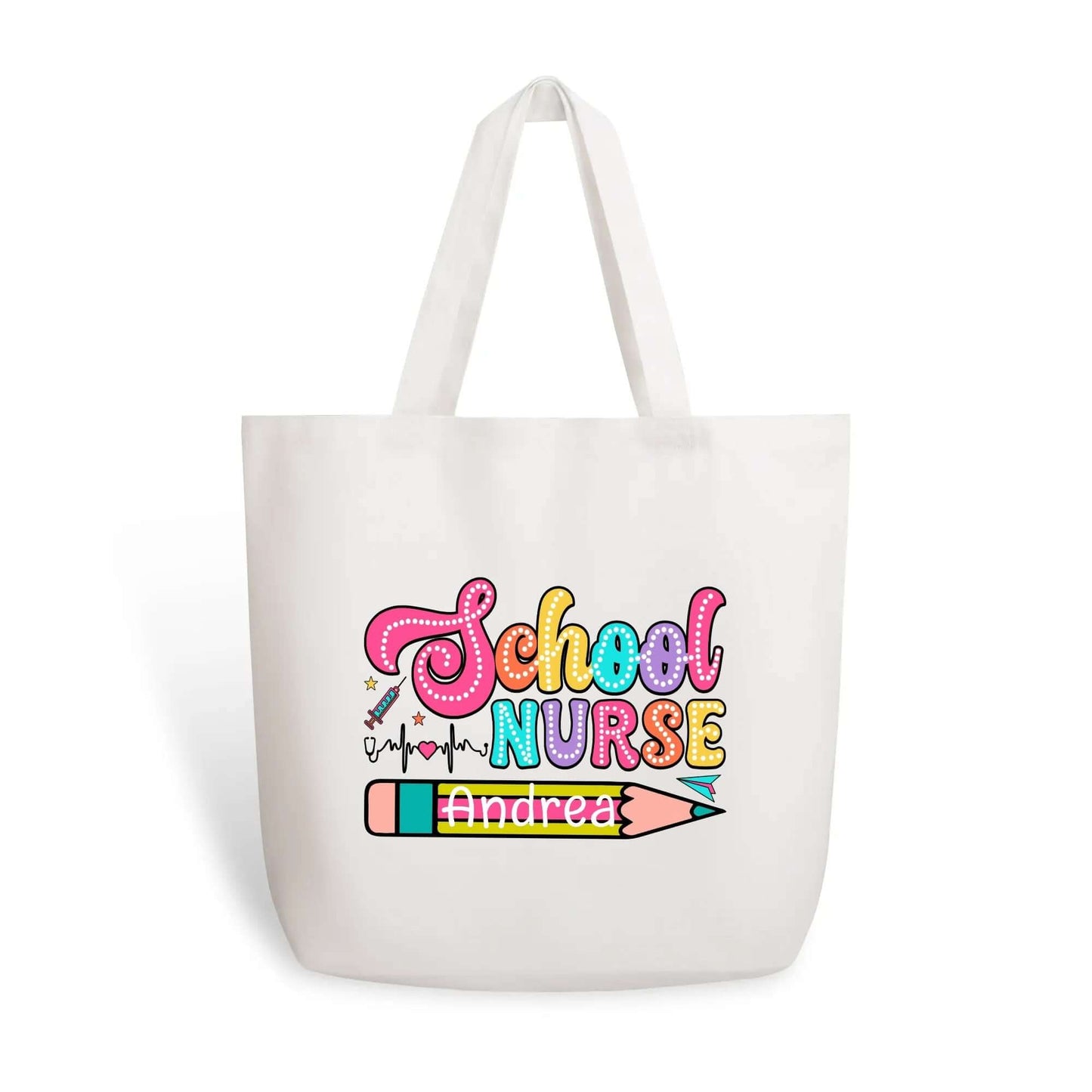 The Personalized 100% Cotton Tote Bag for School Nurses boasts lively text and graphics. The phrase "School Nurse" is boldly featured in vibrant colors accompanied by unique patterns. Just below, a graphic of a multicolored pencil showcases the name "Andrea" in a whimsical font, creating the perfect gift for any school nurse.