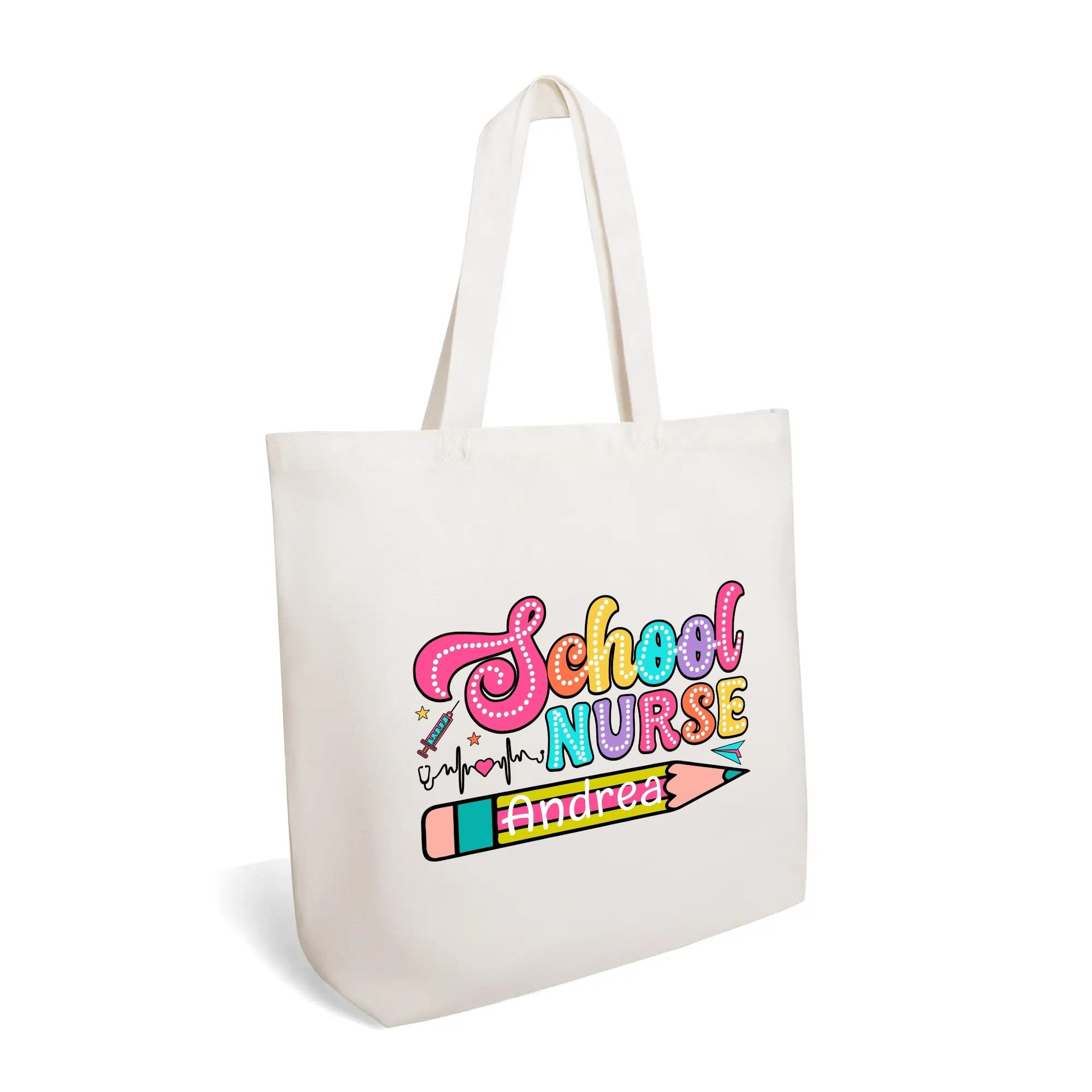 The Personalized 100% Cotton Tote Bag for School Nurses features a beige design adorned with vibrant text and graphics. Showcasing the playful phrase "School Nurse" alongside a heart rate line illustration, this bag also includes a large pencil graphic with the name "Andrea" inscribed on it. Crafted from eco-friendly material, this tote bag makes an ideal gift for school nurses.

