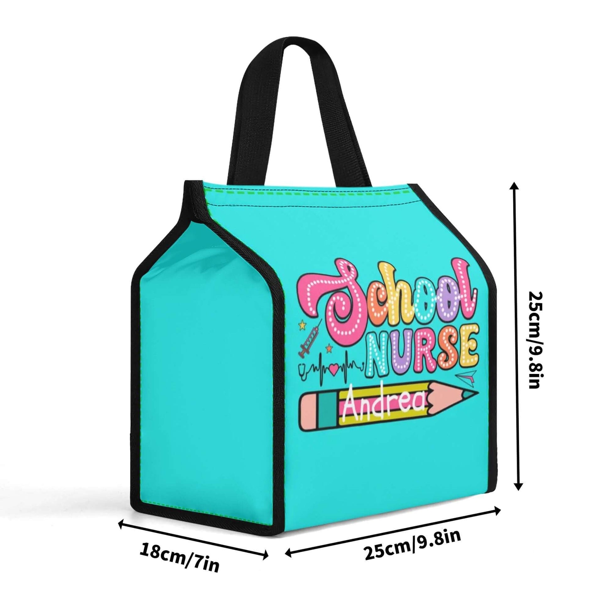 Introducing the Personalized Waterproof Lunch Bag for School Nurses: a turquoise lunch bag with black handles and edges, adorned with the words "School Nurse" in a colorful playful font, featuring a pencil graphic and personalized with the name "Andrea." This durable lunch bag measures 18cm x 25cm x 25cm (7in x 9.8in x 9.8in).