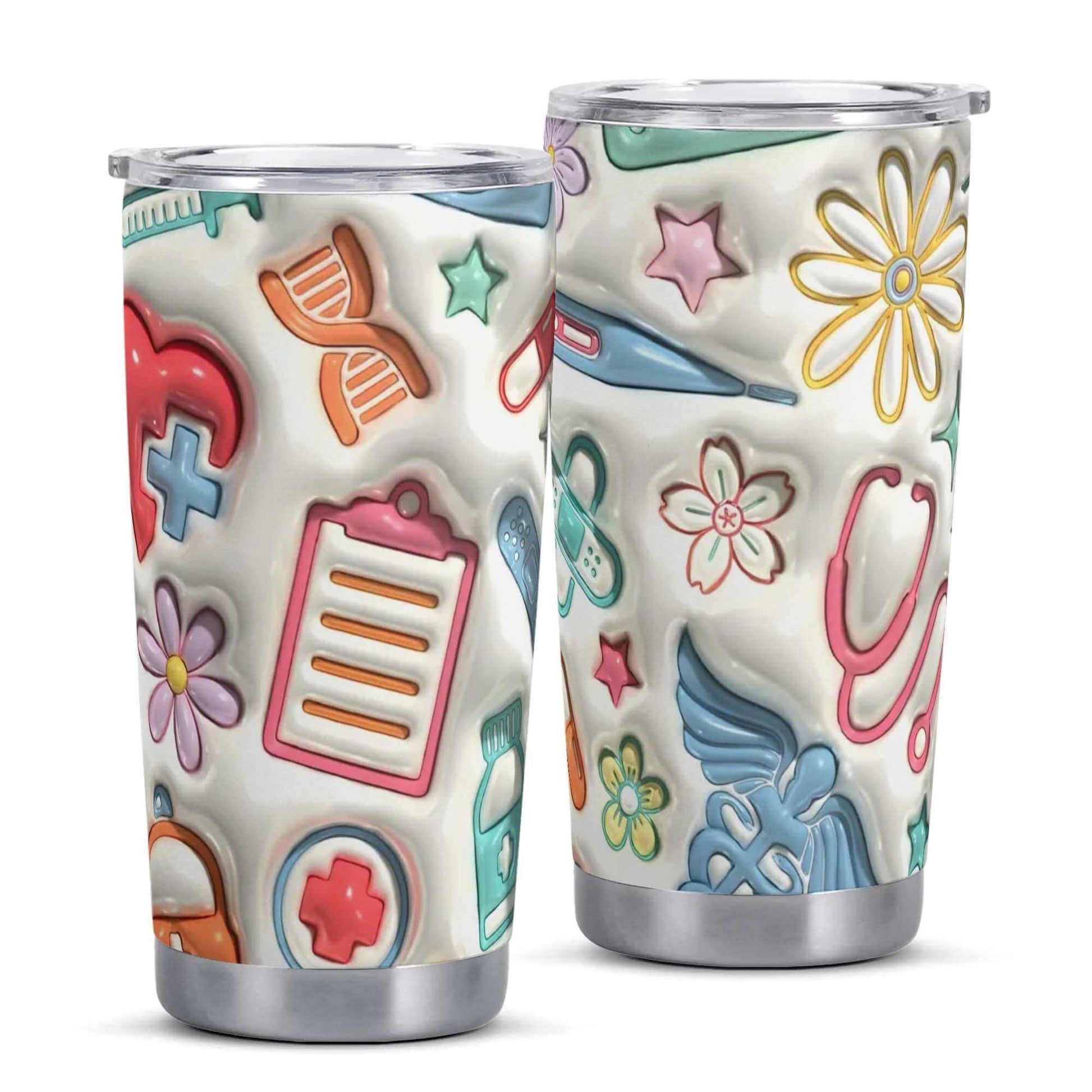 Two 20oz 3D Inflated Tumblers, perfect for hot and cold drinks on-the-go, feature colorful, raised medical-themed designs such as stethoscopes, syringes, flowers, bandages, and medical crosses. The white background and clear splash-proof lids showcase a vibrant and fun healthcare-related pattern.