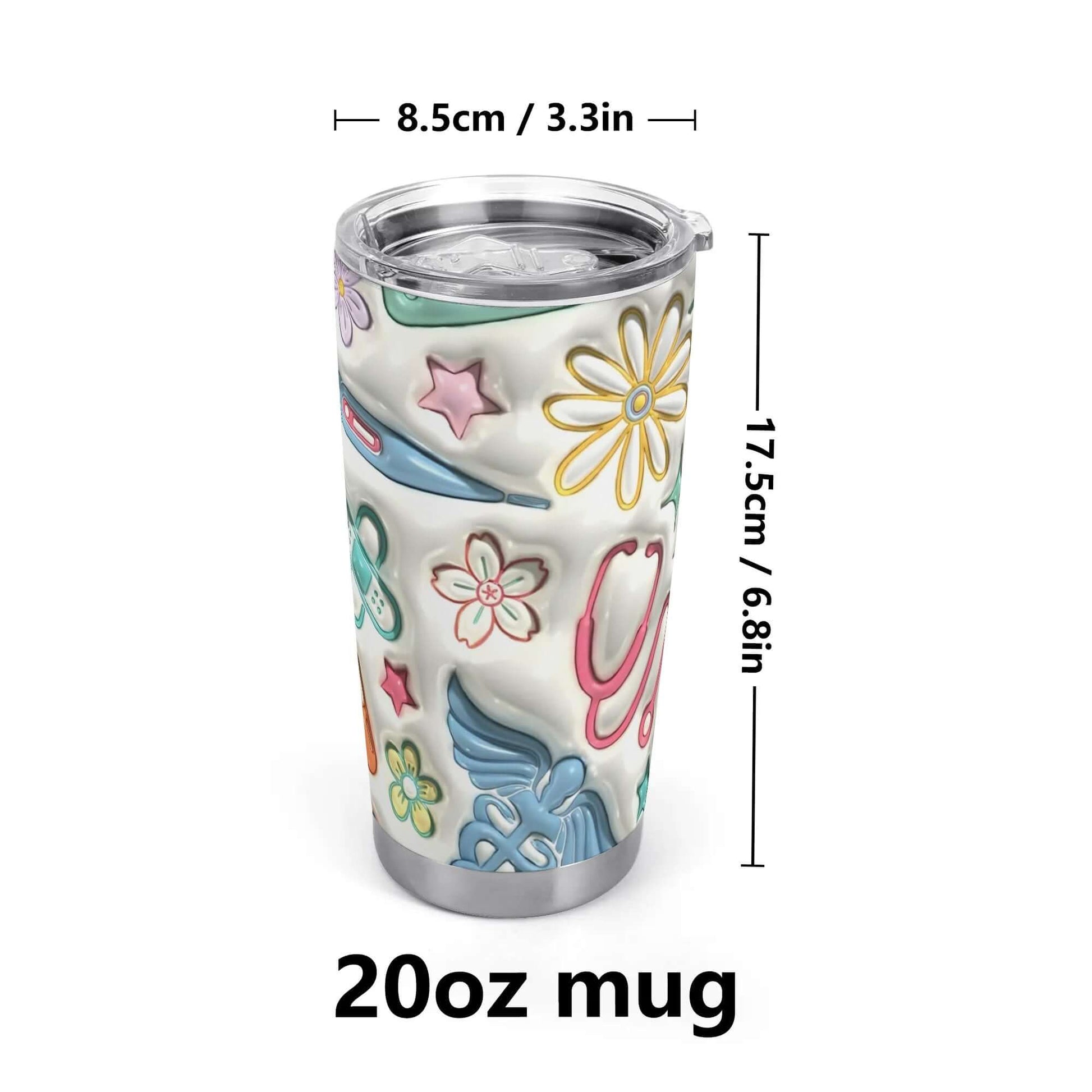 The 20oz 3D Inflated Tumbler, perfect for hot and cold drinks on-the-go, features vibrant floral and winged designs displayed in a front view. Constructed from double-walled stainless steel, this tumbler has dimensions of 8.5cm (3.3in) in diameter and 17.5cm (6.8in) in height, and includes a splash-proof lid against a white background.