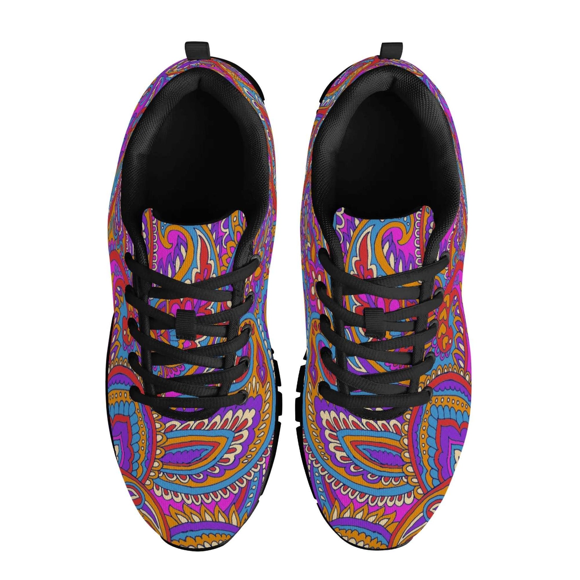 The **Paisley Mens & Womens Sneaker** features a vibrant design with colorful paisley patterns in shades of pink, purple, blue, and orange. These eye-catching sneakers come with black laces and interiors, complete with convenient pull tabs on the back. Made to order for excellent support, the bold design covers the entire surface of the shoes.