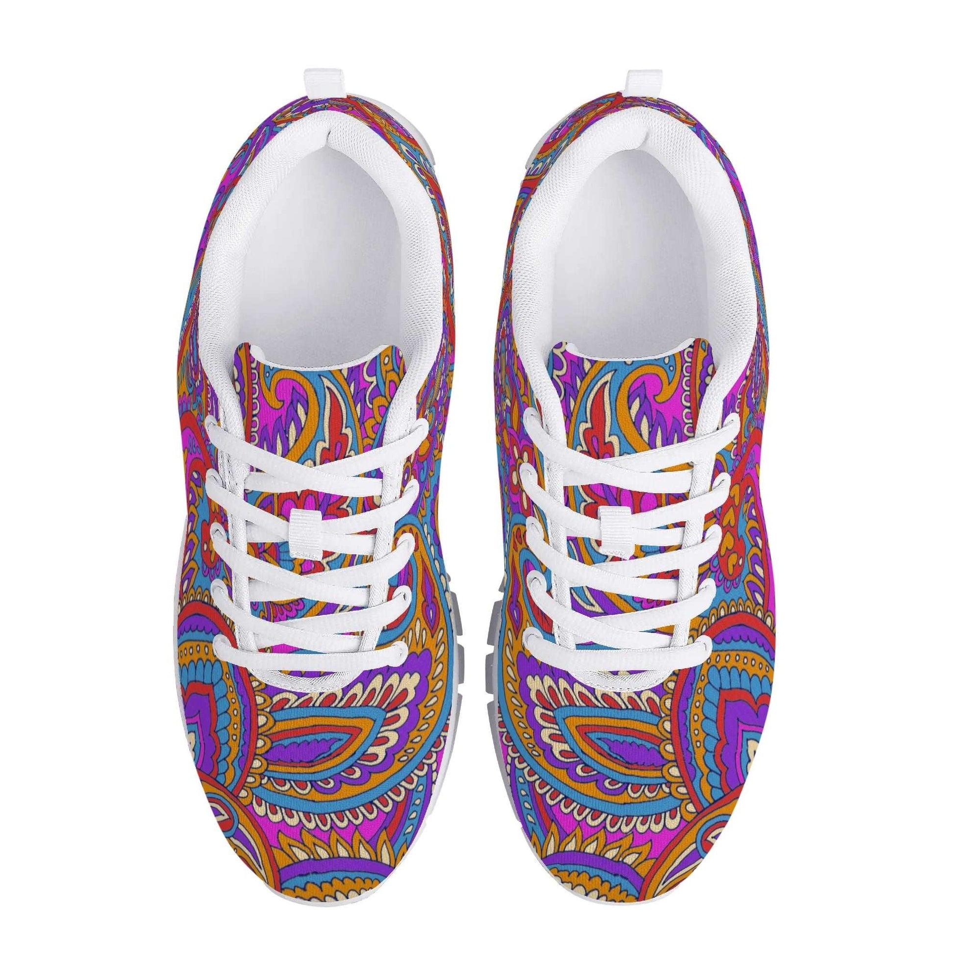 The Paisley Mens & Womens Sneaker is a vibrant pair of sneakers adorned with intricate paisley designs in shades of purple, blue, orange, and pink. Crafted as made-to-order items, these sneakers feature white laces and a white inner lining, providing excellent support and a stylish look when seen from above.