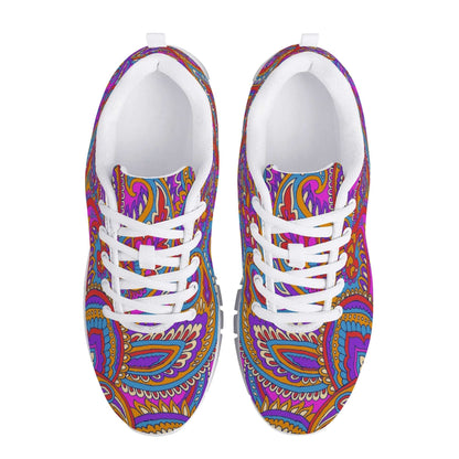 The Paisley Mens & Womens Sneaker is a vibrant pair of sneakers adorned with intricate paisley designs in shades of purple, blue, orange, and pink. Crafted as made-to-order items, these sneakers feature white laces and a white inner lining, providing excellent support and a stylish look when seen from above.