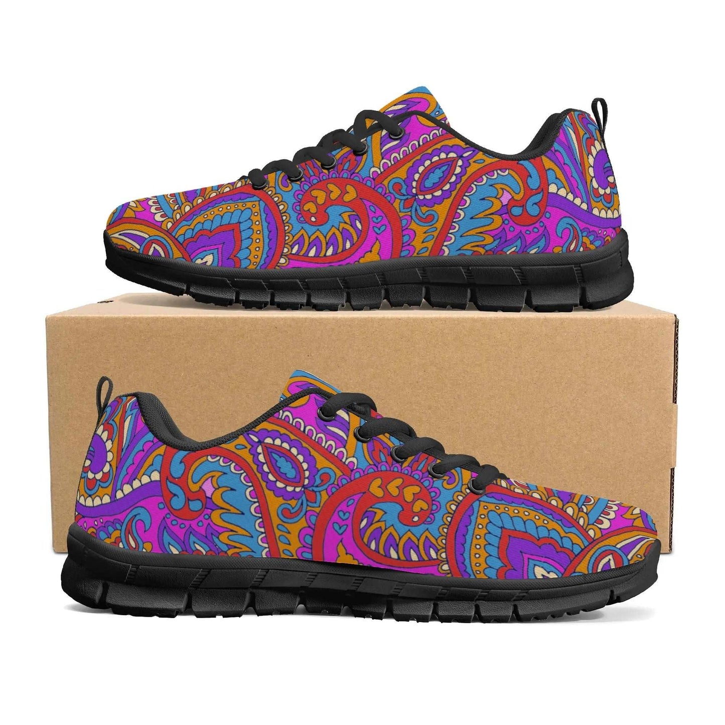 A pair of Paisley Mens & Womens Sneakers, adorned with a vibrant paisley pattern in shades of purple, blue, pink, and yellow, is displayed atop a plain brown shoebox. The sneakers feature black laces and soles that not only offer superior support but also create a striking contrast with the lively design.