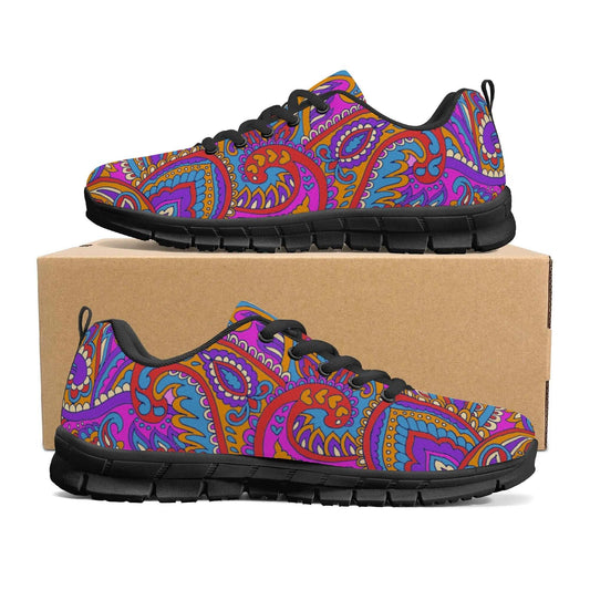 A pair of Paisley Mens & Womens Sneakers, adorned with a vibrant paisley pattern in shades of purple, blue, pink, and yellow, is displayed atop a plain brown shoebox. The sneakers feature black laces and soles that not only offer superior support but also create a striking contrast with the lively design.