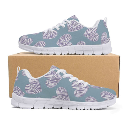 A pair of lightweight, light blue athletic shoes with white laces and a white sole, featuring a pattern of large lilac zebra-striped hearts, is displayed on and in front of a plain brown shoebox. Known as the Comfort Meets Care: Stylish Nurses Heart Sneakers for Everyday Support, they offer cushioned support for all-day comfort.