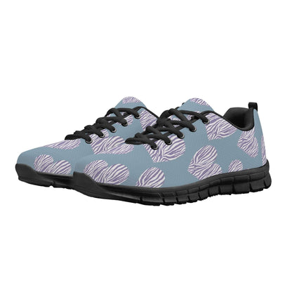 A photo showcases the Comfort Meets Care: Stylish Nurses Heart Sneakers for Everyday Support, designed with a light blue base and adorned with white and purple striped hearts. The sneakers feature black laces, toe caps, midsoles, and outsoles, offering a cushioned design that blends style with comfort.